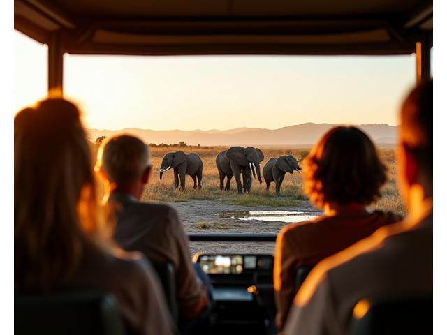 Open-sided safari vehicle with tourists viewing elephants at a watering hole during a game drive.