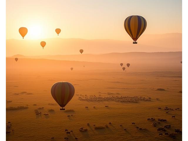Hot air balloons floating over the Serengeti at sunrise, with wildlife visible below.