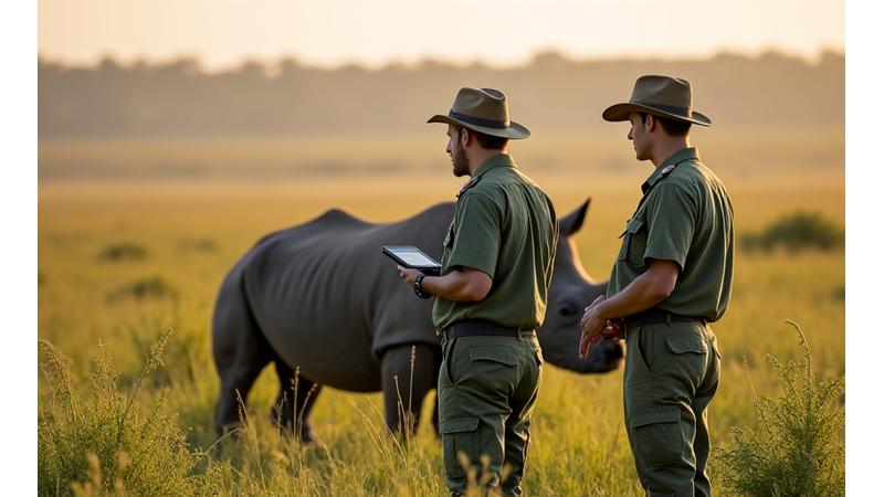Rangers monitoring a rhino in a protected conservancy, conveying conservation effort.