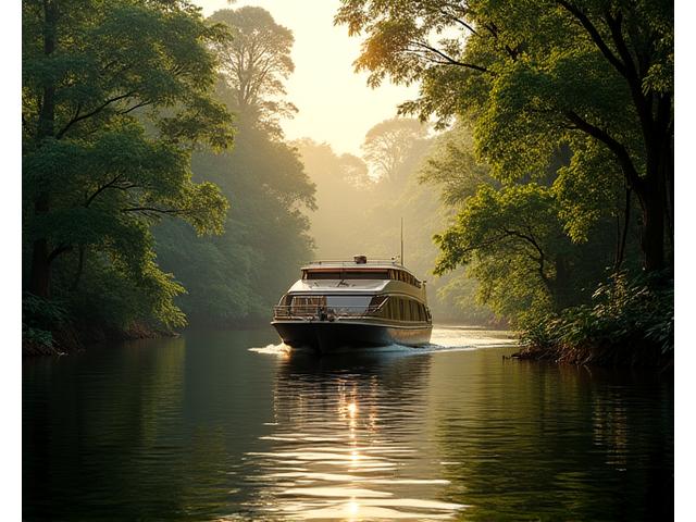Luxury riverboat navigating dense Amazon rainforest with lush canopy overhead.