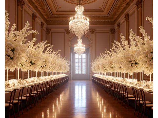 Lavish ballroom setup with crystal chandeliers, grand floral arrangements, and elegant place settings.