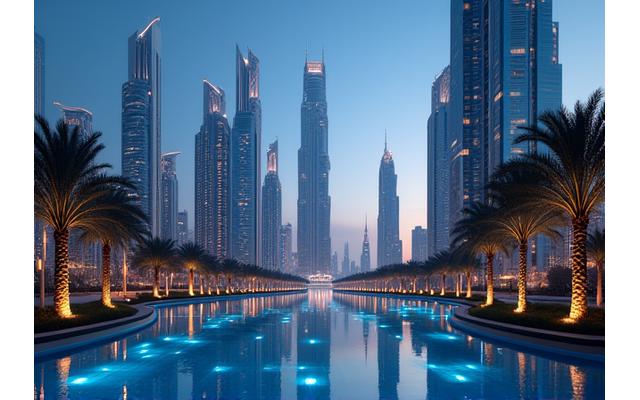 Modern Dubai skyline with iconic skyscrapers and pristine waterfront