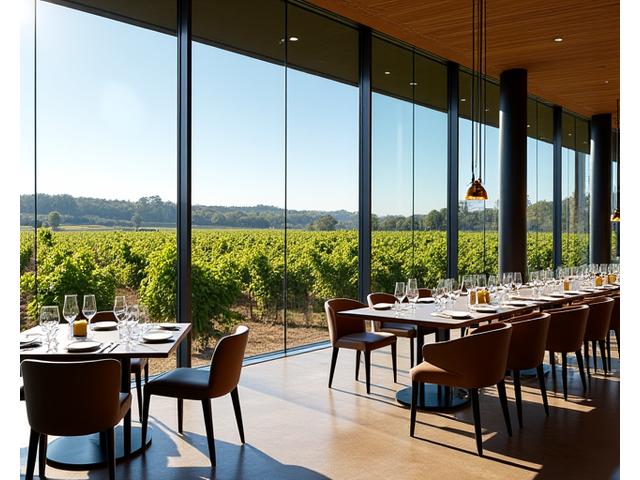 A luxurious modern restaurant at a vineyard in the Barossa Valley, Australia, with a panoramic view of grapevines