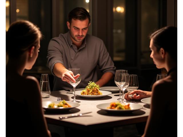 An intimate chef's table dining experience with a chef presenting a dish directly to guests in a fine dining restaurant