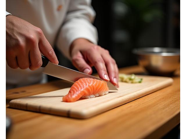 A master sushi chef meticulously slicing fish for omakase in a serene Japanese restaurant, Japan