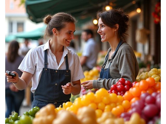 A chef and a guest selecting fresh produce at a vibrant local market, discussing ingredients