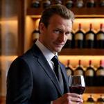 An affluent gentleman swirling a glass of red wine in a historic private cellar in Bordeaux