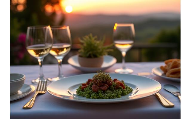 Gourmet Michelin-starred dinner being served on a private terrace