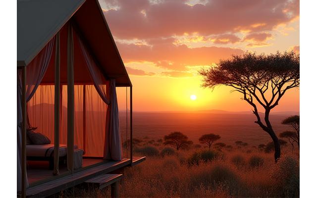 Luxury Safari Camp in African Savannah at Sunset