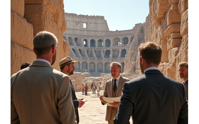 Archaeologist explaining ancient ruins to a small group