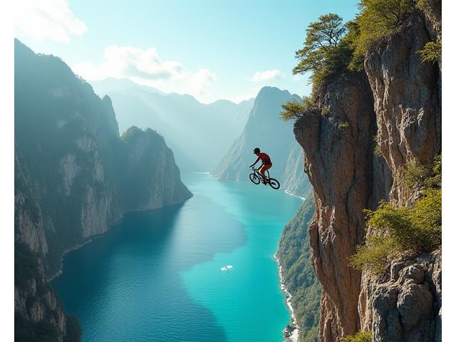 Millennial engaging in extreme sport like cliff diving into crystal clear ocean, surrounded by dramatic rock formations.