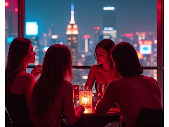 Millennials enjoying a private, exclusive rooftop party in a vibrant metropolitan cityscape at night, with neon lights and skyline views.
