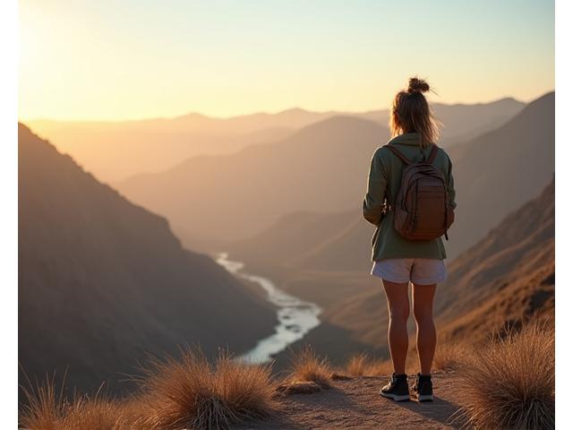 A confident millennial woman on a solo adventure, standing empowered at a breathtaking viewpoint overlooking a vast, inspiring landscape.