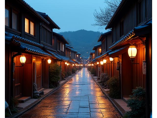 Futuristic neon-lit street in Kyoto, Japan, with traditional temples in the background, blending old and new.
