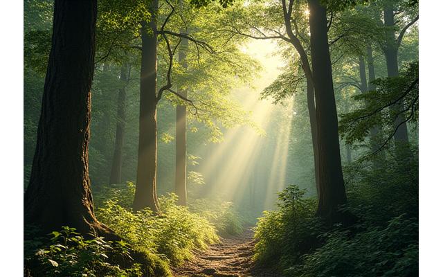 A tranquil forest setting with dappled sunlight, perfect for forest bathing