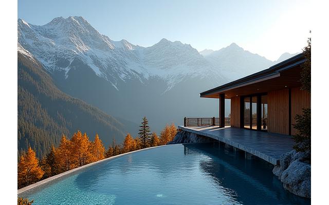 A luxurious mountain retreat nestled in autumn foliage